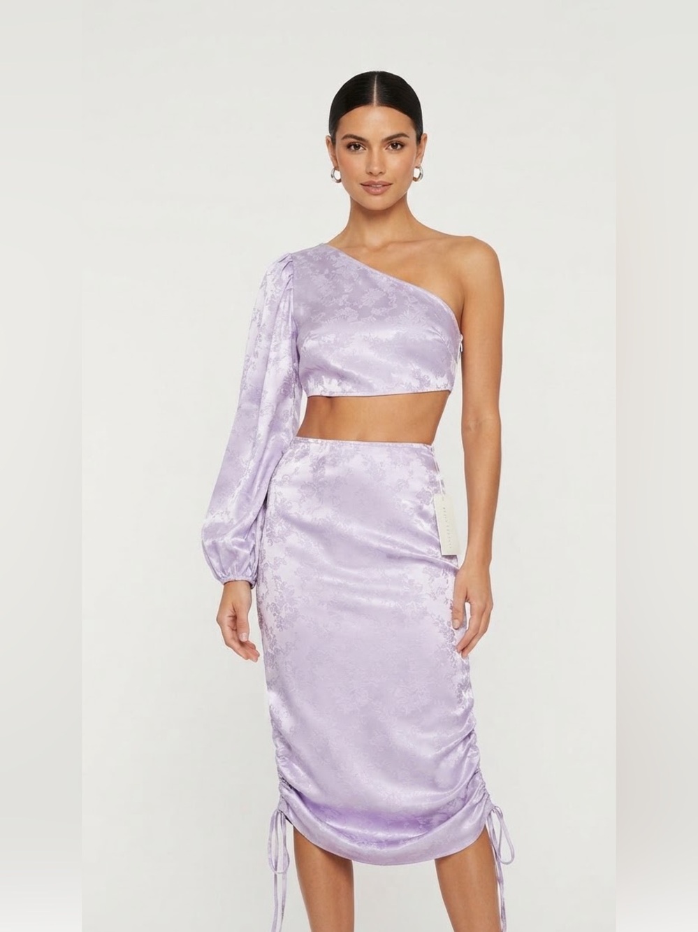 Kultivate Lavender Floral Satin Set One-Shoulder Crop Top & Ruched Size S NEW